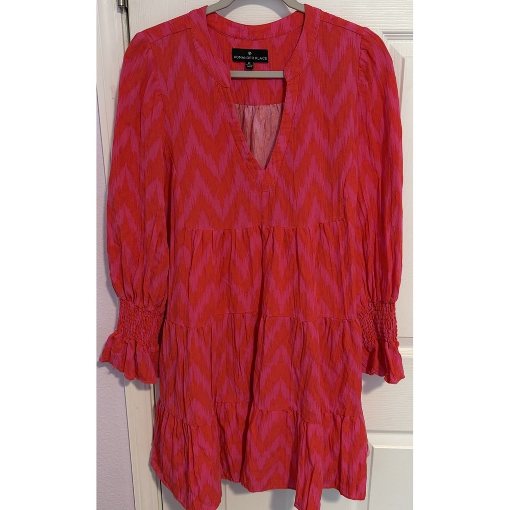Pomander Place Kenzo Dress XL Hot Pink Chevron Tiered Long Sleeve Smocking